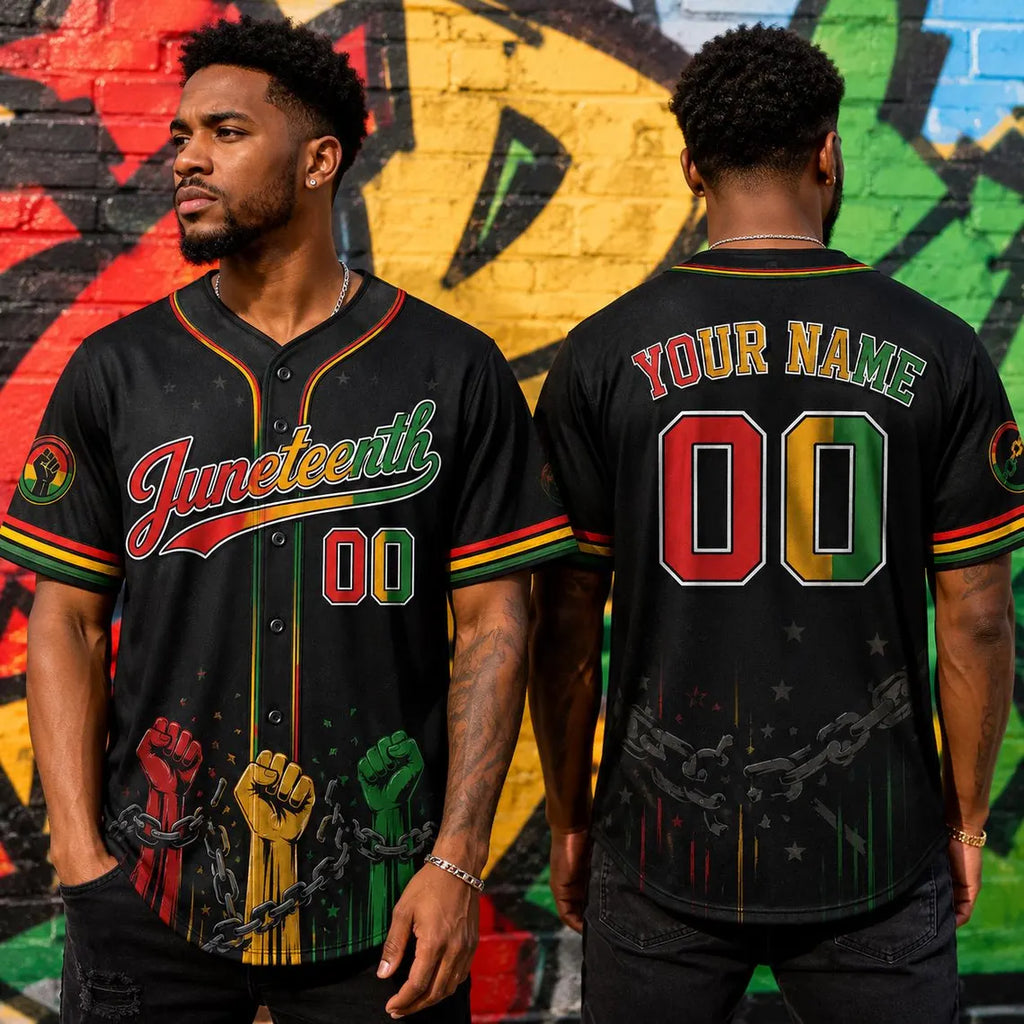 [FREESHIP] Juneteenth Baseball Jersey, Personalized Black History Shirt, Custom Name Number Freedom Jersey Breaking Every Chain Since 1865 Shirt