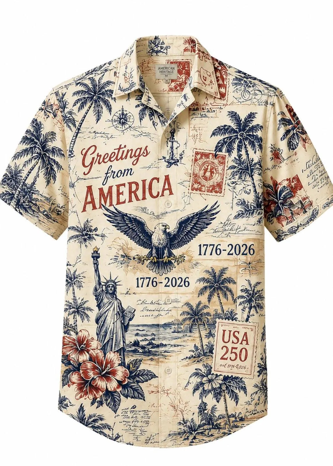 [FREESHIP] Vintage Americana Hawaiian Shirt, Patriotic USA 250 Year Celebration, Eagle Statue Liberty Print, 4th of July Beach Shirt, Men Summer Shirt