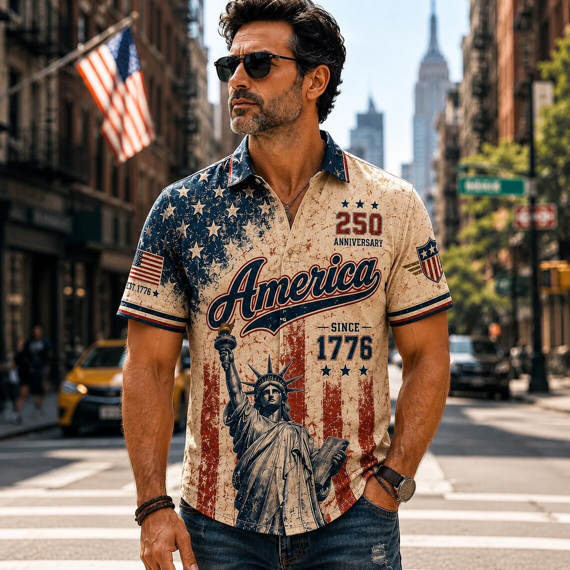 [FREESHIP] Vintage America 250th Anniversary Button Up Shirt, Patriotic Eagle Independence Day USA 1776 2026 Distressed Hawaiian Shirt,4th of July Gift