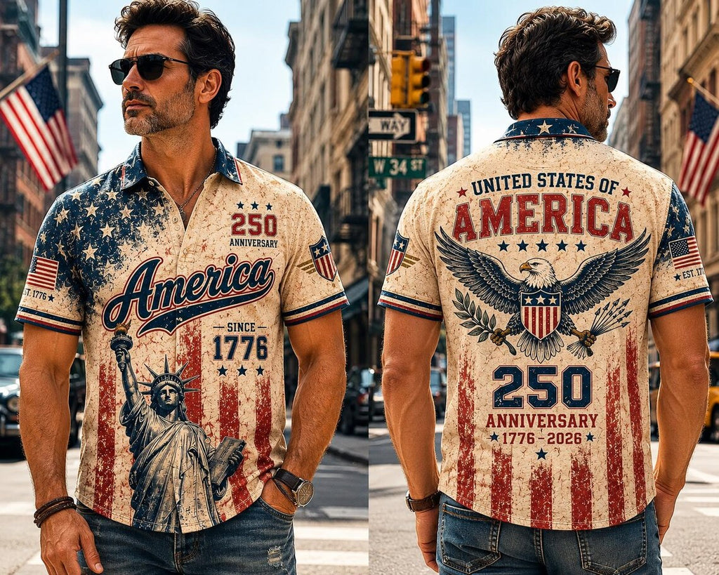 [FREESHIP] Vintage America 250th Anniversary Button Up Shirt, Patriotic Eagle Independence Day USA 1776 2026 Distressed Hawaiian Shirt,4th of July Gift