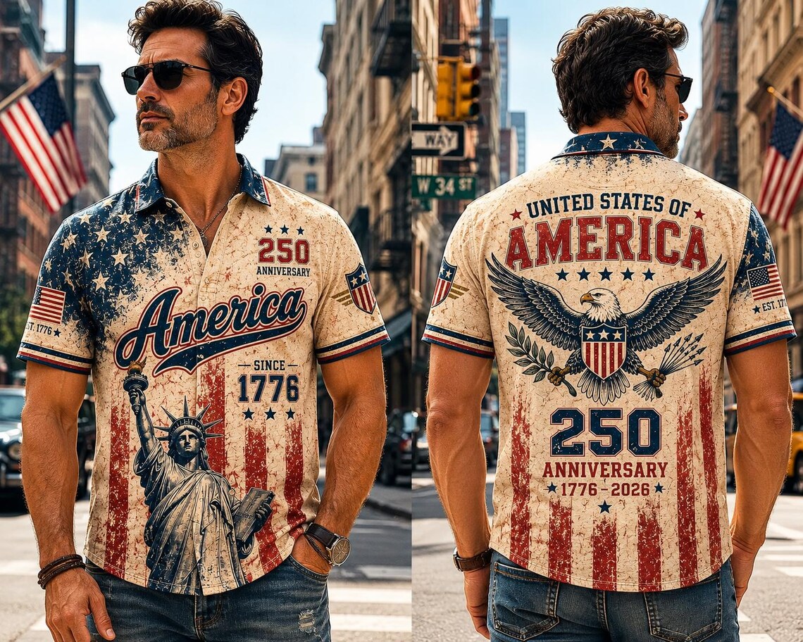 [FREESHIP] Vintage America 250th Anniversary Button Up Shirt, Patriotic Eagle Independence Day USA 1776 2026 Distressed Hawaiian Shirt,4th of July Gift