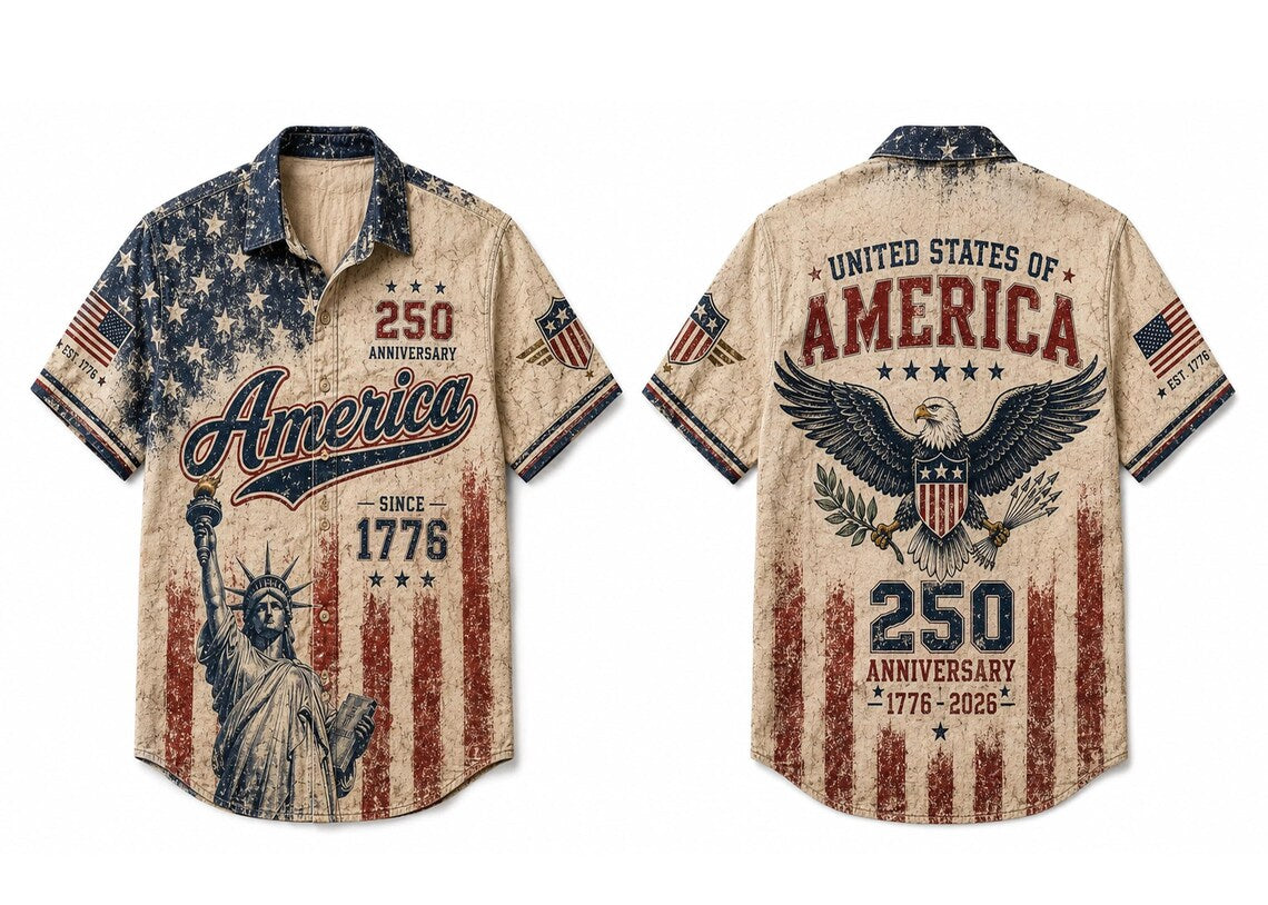 [FREESHIP] Vintage America 250th Anniversary Button Up Shirt, Patriotic Eagle Independence Day USA 1776 2026 Distressed Hawaiian Shirt,4th of July Gift
