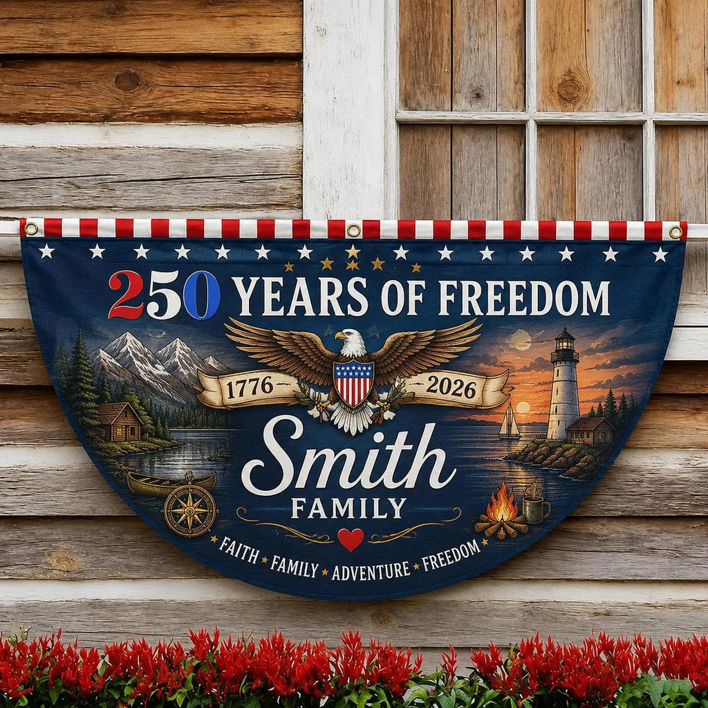 [FREESHIP] Custom Family 250 Years of Freedom Bunting Flag, USA 250th Anniversary Porch Banner, Patriotic Americana Outdoor Decor