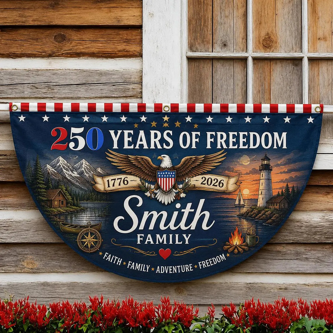 [FREESHIP] Custom Family 250 Years of Freedom Bunting Flag, USA 250th Anniversary Porch Banner, Patriotic Americana Outdoor Decor