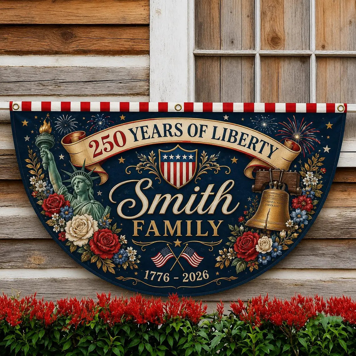[FREESHIP] Custom Family 250 Years of Freedom Bunting Flag, USA 250th Anniversary Porch Banner, Patriotic Americana Outdoor Decor