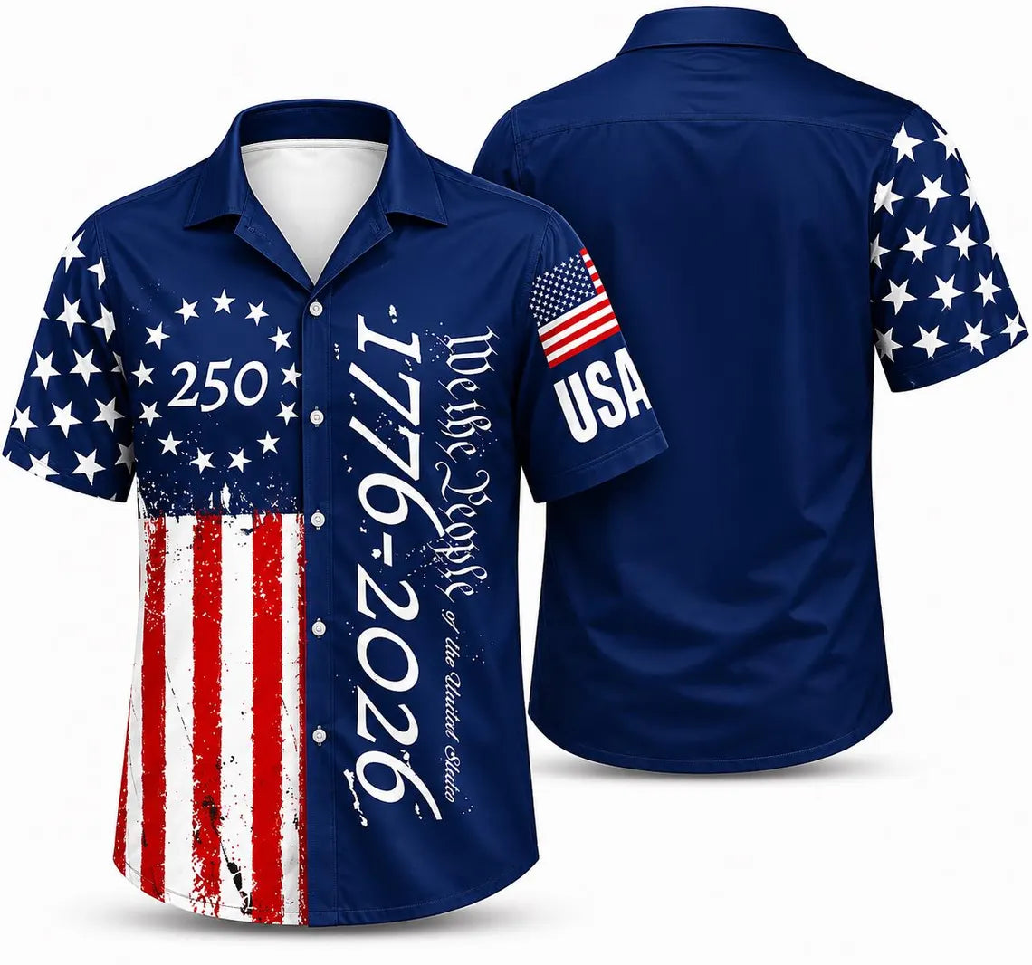 [FREESHIP] 250 Years We The People Hawaiian Shirt, 1776-2026 Patriotic USA Shirt, American Flag Aloha Shirt, Independence Day Gift for Men