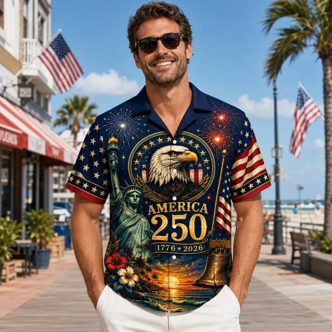 [FREESHIP] Custom 250th Hawaiian, Family Matching Patriotic Shirt,Custom Patrotic Shirt,Red White Blue 4th of July Top