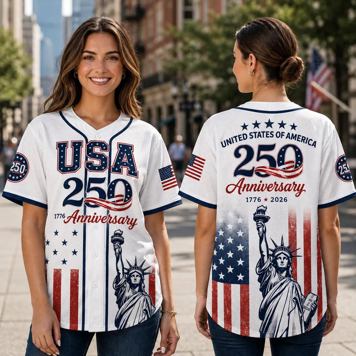 [FREESHIP] USA 250 Anniversary Baseball Jersey, Patriotic Statue of Liberty Shirt, America 1776 2026 Jersey, Fourth of July Outfit for Women, Man