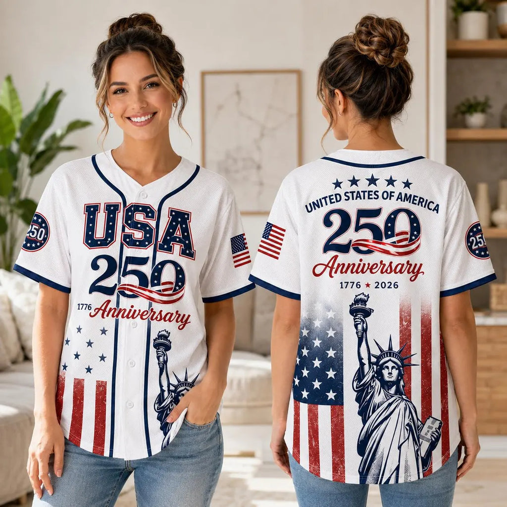 [FREESHIP] USA 250 Anniversary Baseball Jersey, Patriotic Statue of Liberty Shirt, America 1776 2026 Jersey, Fourth of July Outfit for Women, Man