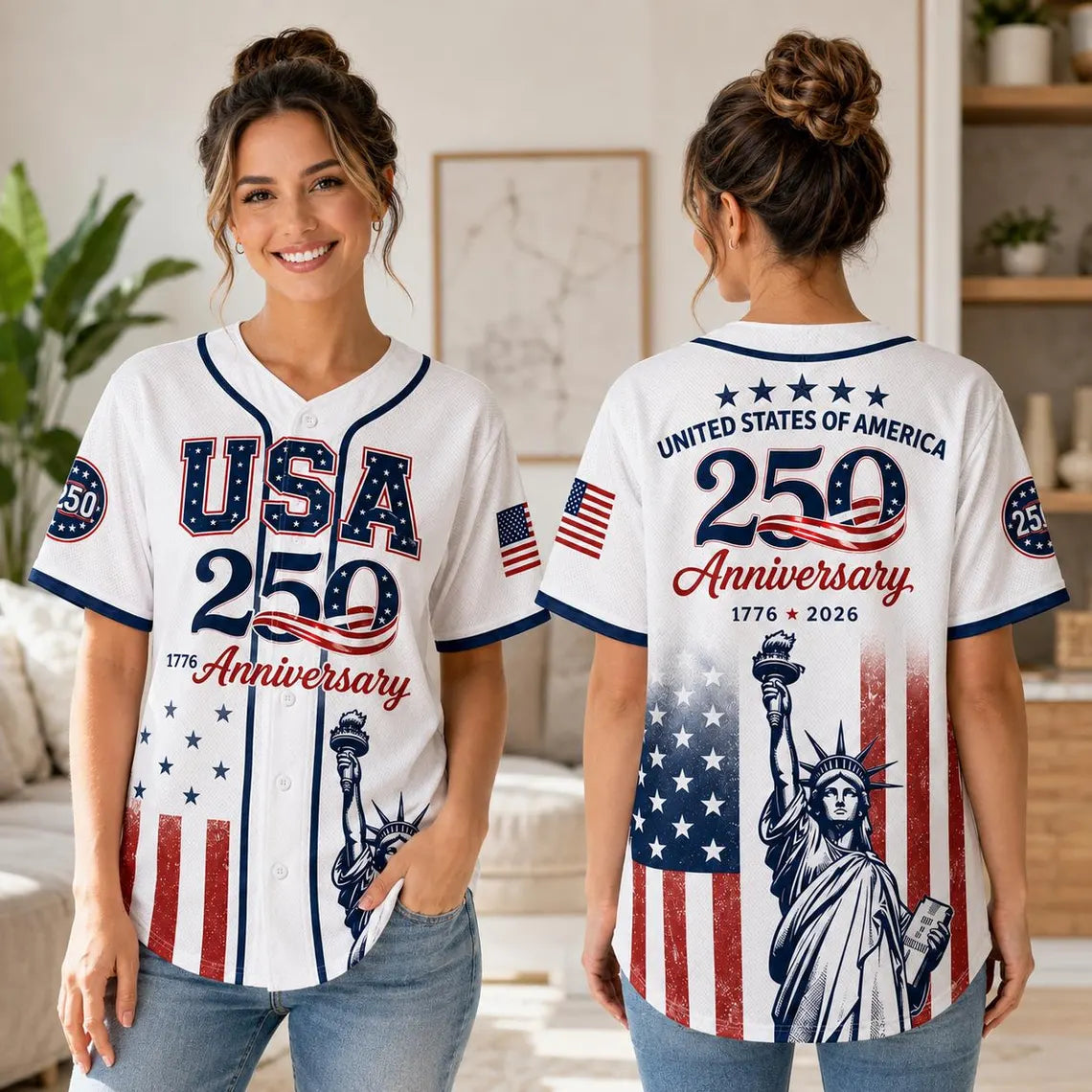 [FREESHIP] USA 250 Anniversary Baseball Jersey, Patriotic Statue of Liberty Shirt, America 1776 2026 Jersey, Fourth of July Outfit for Women, Man