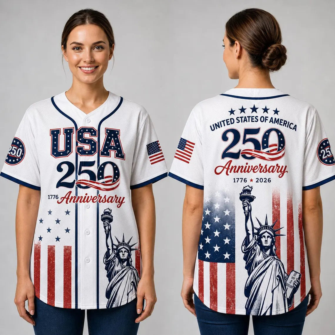 [FREESHIP] USA 250 Anniversary Baseball Jersey, Patriotic Statue of Liberty Shirt, America 1776 2026 Jersey, Fourth of July Outfit for Women, Man