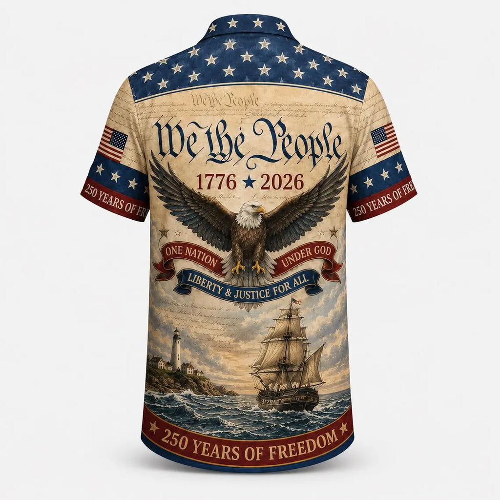 [FREESHIP] 250th America Anniversary Hawaiian Shirt, US 250 Years Hawaiian Shirt, Patriotic Hawaiian Shirt with USA Flag, We The People Hawaiian Shirt, Retro Independence Day Hawaiian Shirt