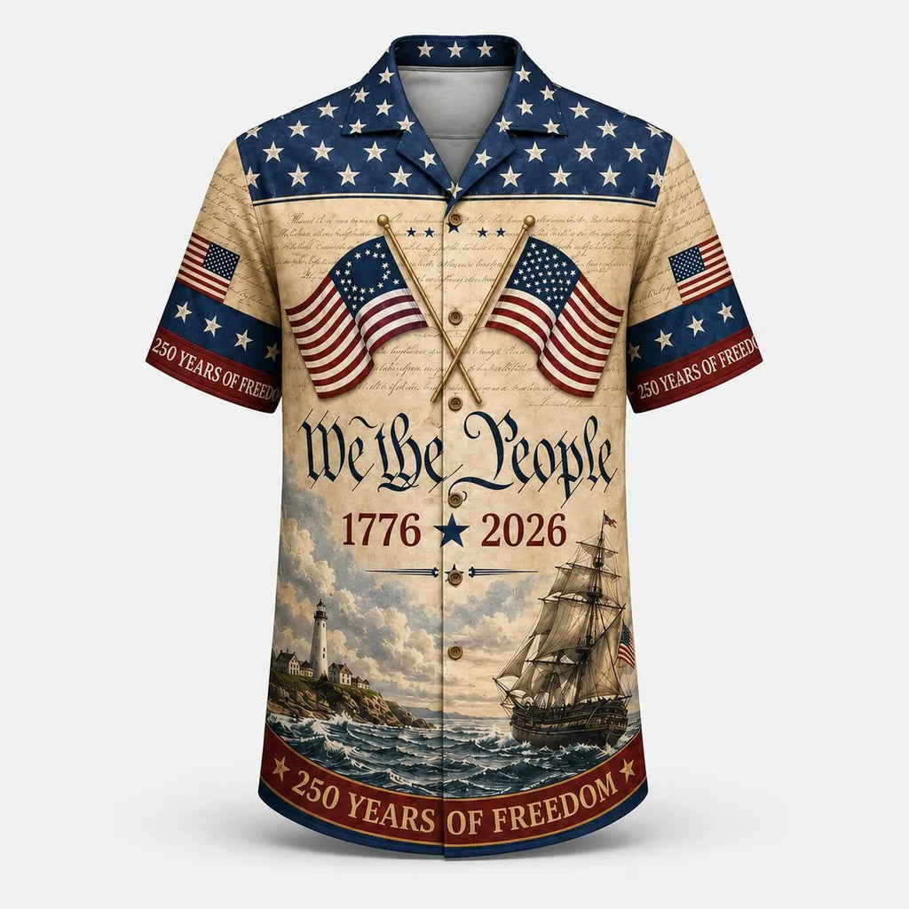 [FREESHIP] 250th America Anniversary Hawaiian Shirt, US 250 Years Hawaiian Shirt, Patriotic Hawaiian Shirt with USA Flag, We The People Hawaiian Shirt, Retro Independence Day Hawaiian Shirt