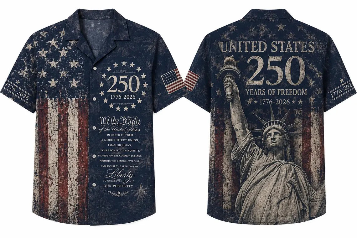 [FREESHIP] America 250th Anniversary Hawaiian Shirt, United States 250 Years of Freedom Shirt, 1776 2026 Patriotic USA Button Up Polyester Breathable