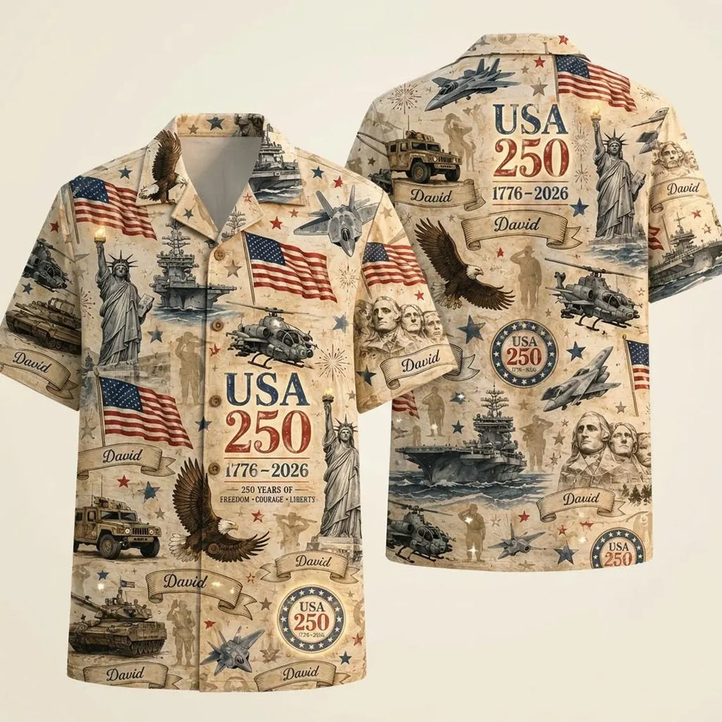 [FREESHIP] Custom Name USA 250th Anniversary Hawaiian Shirt, Personalized Name Patriotic Button Shirt, USA 1776-2026 Freedom Gift