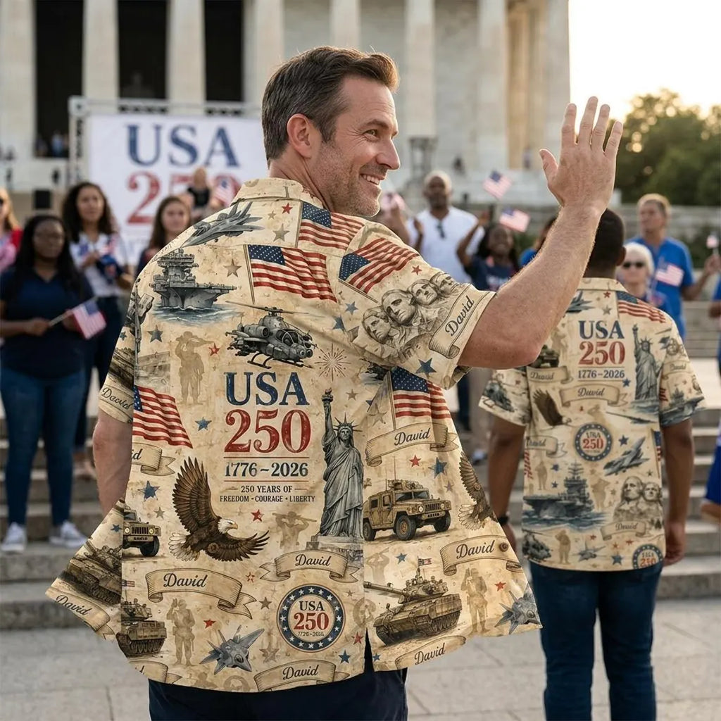 [FREESHIP] Custom Name USA 250th Anniversary Hawaiian Shirt, Personalized Name Patriotic Button Shirt, USA 1776-2026 Freedom Gift