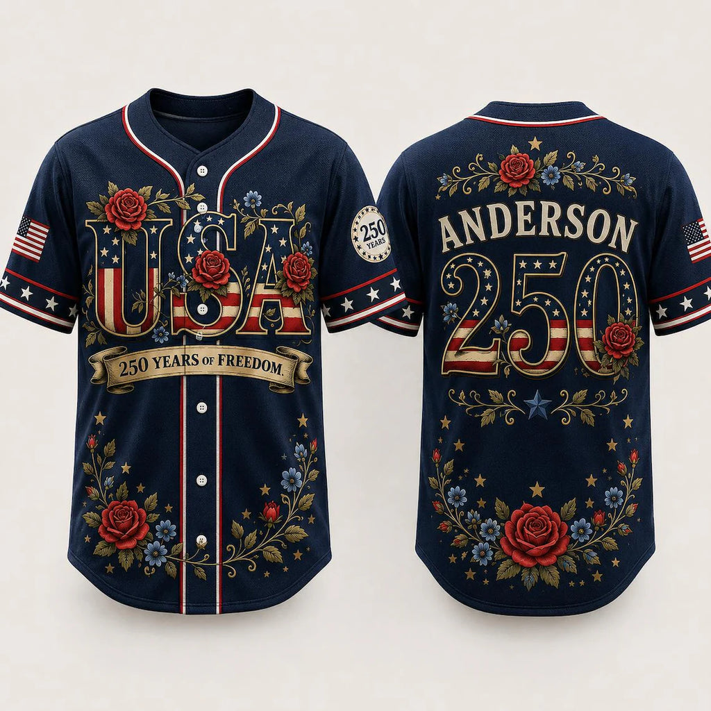 [FREESHIP] Personalized Patriotic Baseball Jersey, USA 250th Anniversary Shirt, Custom Name Father Son Matching 4th of July Outfit