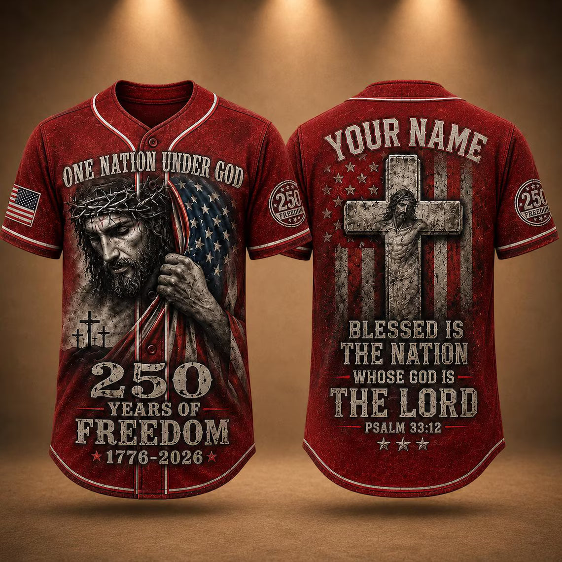 [FREESHIP] Christian Patriotic Baseball Jersey, Custom Name Jesus Jersey, One Nation Under God Shirt, 250 Years of Freedom 1776 2026 Gift, America 250