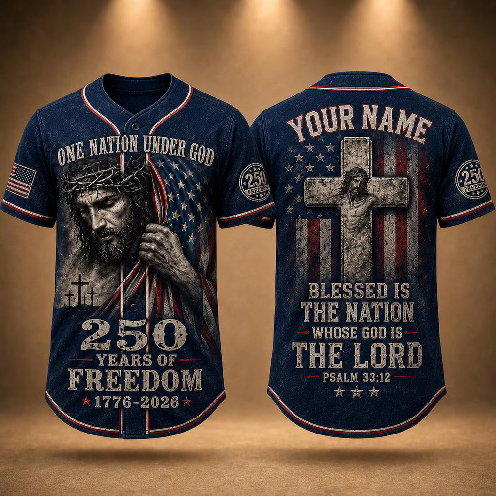 [FREESHIP] Christian Patriotic Baseball Jersey, Custom Name Jesus Jersey, One Nation Under God Shirt, 250 Years of Freedom 1776 2026 Gift, America 250