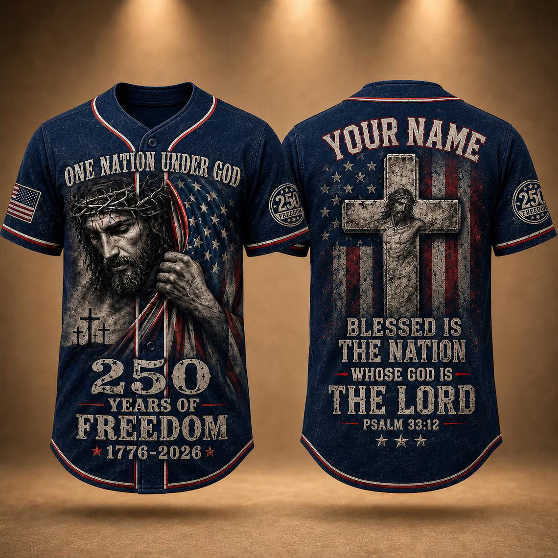 [FREESHIP] Christian Patriotic Baseball Jersey, Custom Name Jesus Jersey, One Nation Under God Shirt, 250 Years of Freedom 1776 2026 Gift, America 250