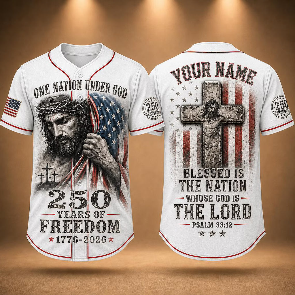 [FREESHIP] Christian Patriotic Baseball Jersey, Custom Name Jesus Jersey, One Nation Under God Shirt, 250 Years of Freedom 1776 2026 Gift, America 250