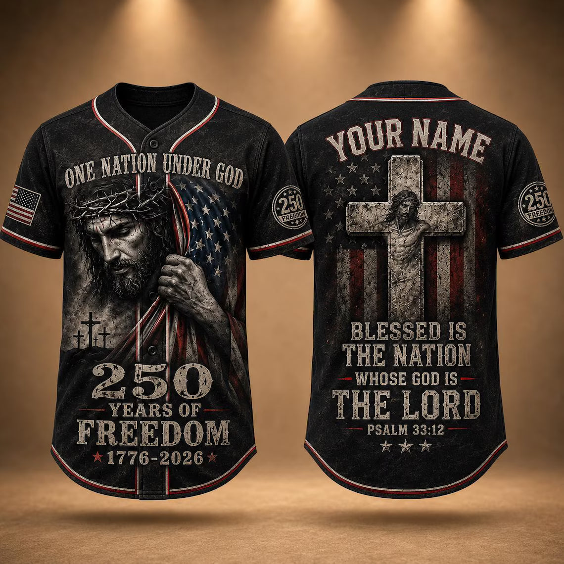 [FREESHIP] Christian Patriotic Baseball Jersey, Custom Name Jesus Jersey, One Nation Under God Shirt, 250 Years of Freedom 1776 2026 Gift, America 250
