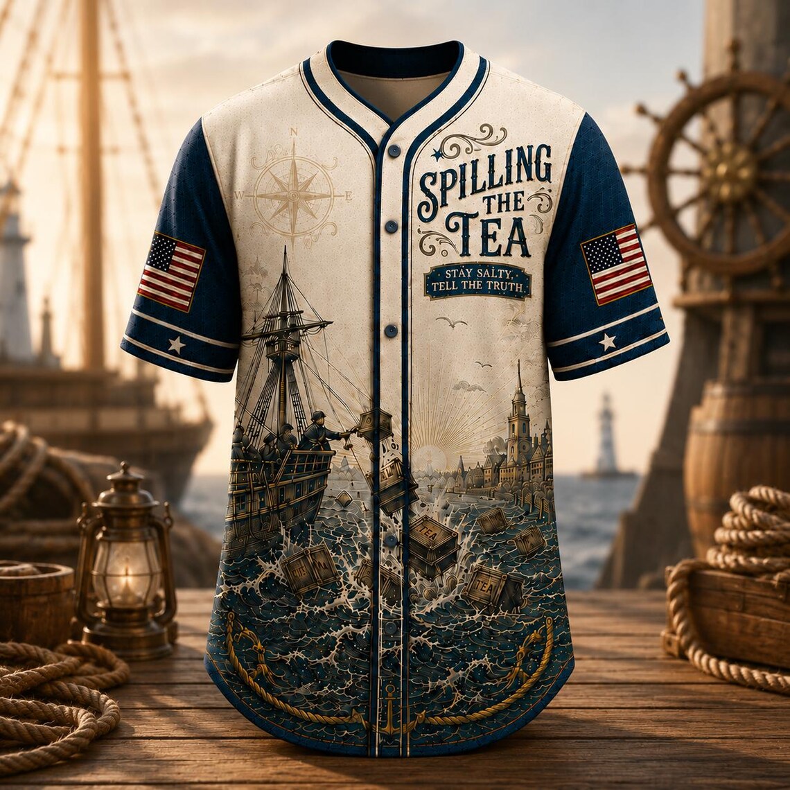 [FREESHIP] Spilling The Tea Since 1773 Jersey, Funny 4th of July Jersey, Boston Tea Party Patriotic Shirt, USA Independence Day Gift