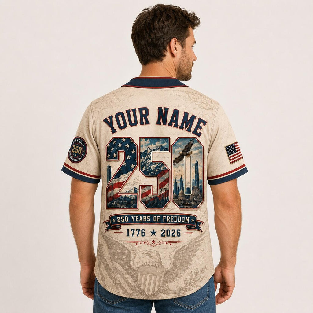 [FREESHIP] Personalized 250 Years of Freedom Army Jersey, Military Eagle Patriotic Shirt, Custom Name 1776 2026 Veteran Gift for Men Dad