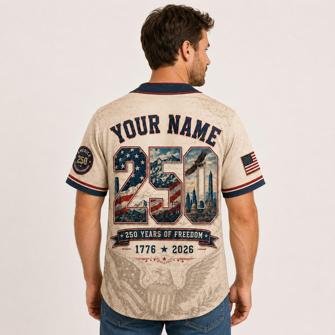 [FREESHIP] Personalized 250 Years of Freedom Army Jersey, Military Eagle Patriotic Shirt, Custom Name 1776 2026 Veteran Gift for Men Dad