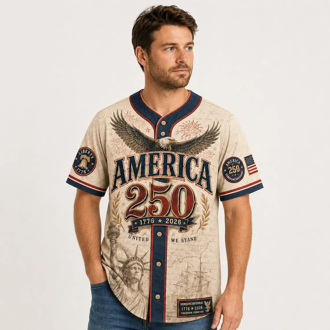[FREESHIP] Personalized 250 Years of Freedom Army Jersey, Military Eagle Patriotic Shirt, Custom Name 1776 2026 Veteran Gift for Men Dad