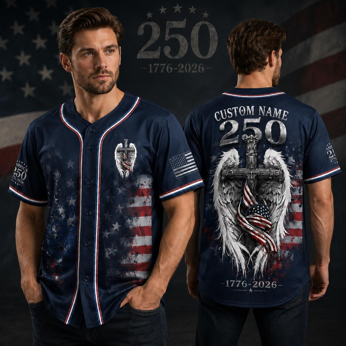 [FREESHIP] Personalized USA 250th Anniversary Baseball Jersey, Custom Name America 1776-2026 Jersey, American Flag Cross Rose Shirt, 4th of July Gift