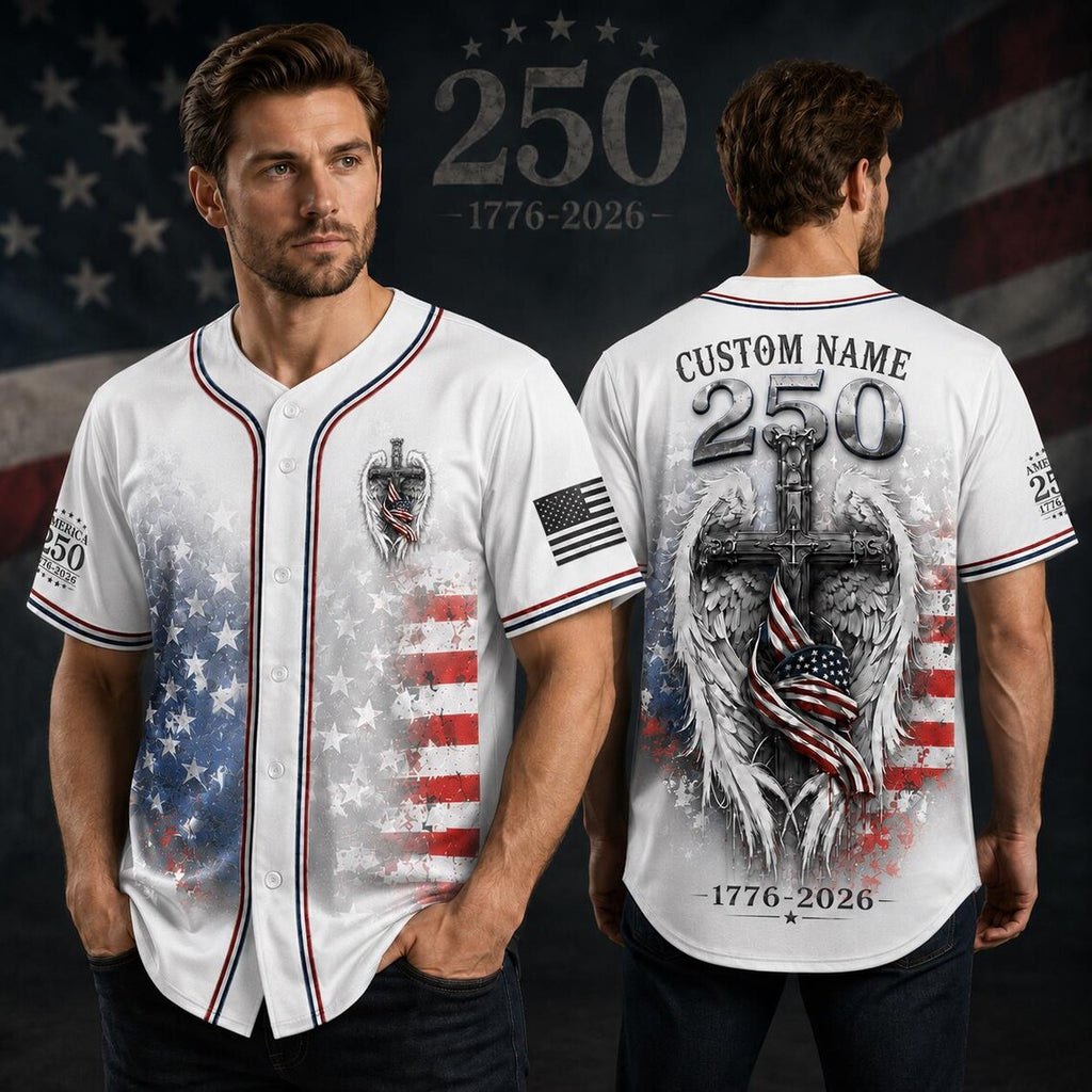 [FREESHIP] Personalized USA 250th Anniversary Baseball Jersey, Custom Name America 1776-2026 Jersey, American Flag Cross Rose Shirt, 4th of July Gift