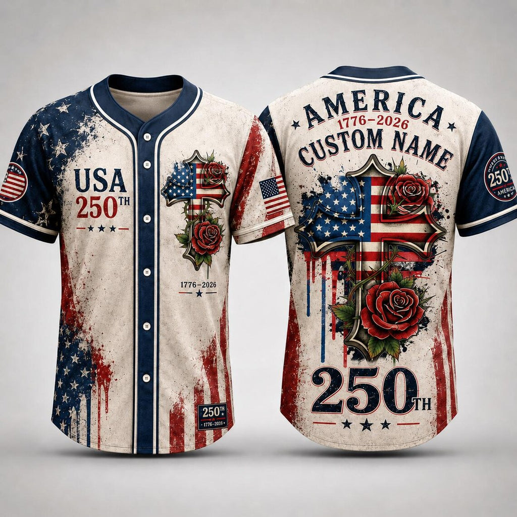 [FREESHIP] Personalized USA 250th Anniversary Baseball Jersey, Custom Name America 1776-2026 Jersey, American Flag Cross Rose Shirt, 4th of July Gift
