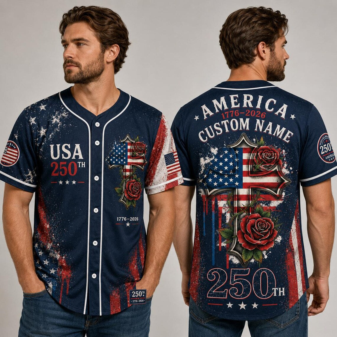 [FREESHIP] Personalized USA 250th Anniversary Baseball Jersey, Custom Name America 1776-2026 Jersey, American Flag Cross Rose Shirt, 4th of July Gift