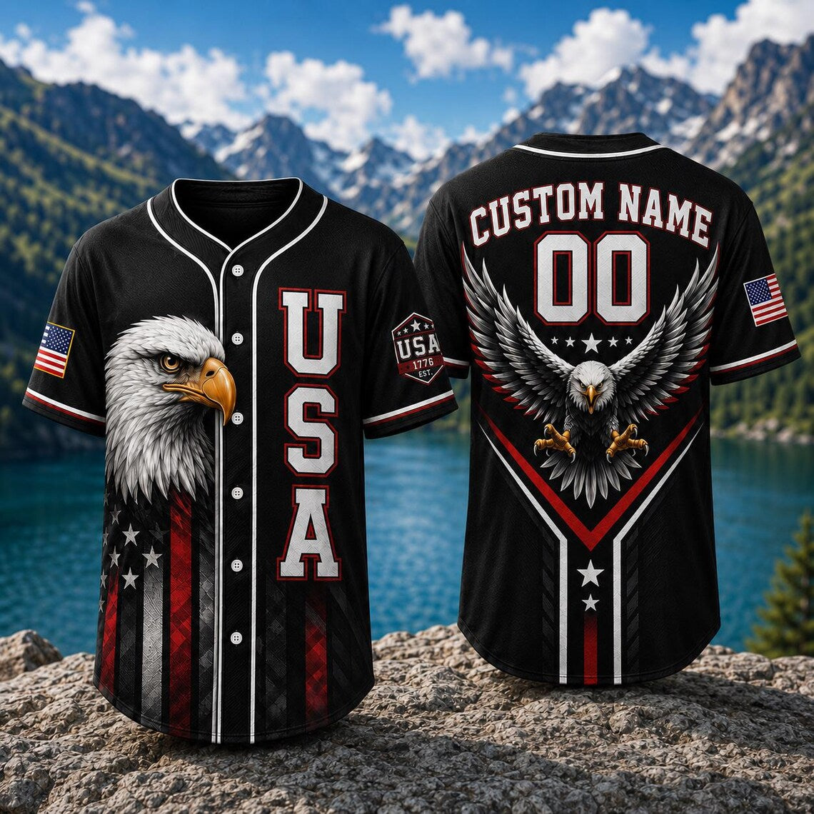 [FREESHIP] USA Eagle Baseball Jersey, Custom Name Patriotic Jersey, American Flag Shirt, Bald Eagle USA Jersey, Personalized 00 Freedom Gift