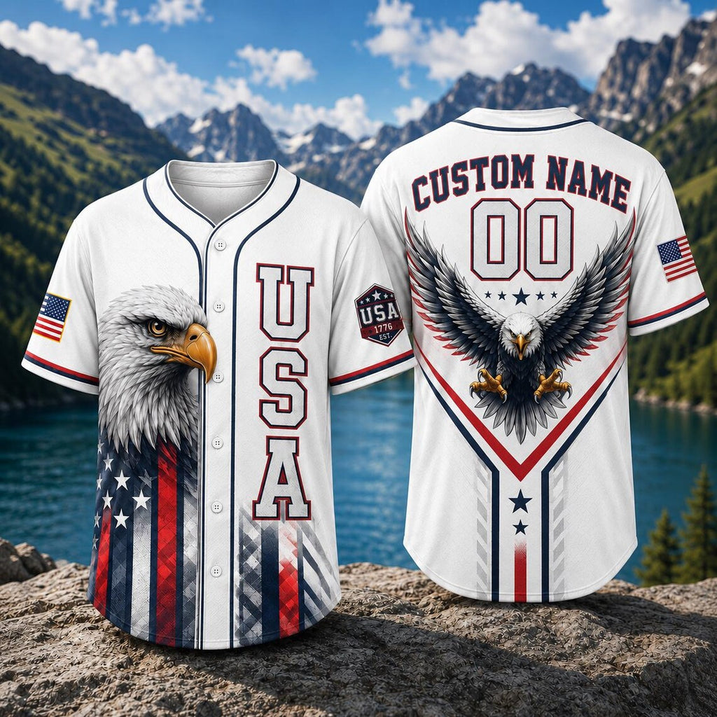[FREESHIP] USA Eagle Baseball Jersey, Custom Name Patriotic Jersey, American Flag Shirt, Bald Eagle USA Jersey, Personalized 00 Freedom Gift