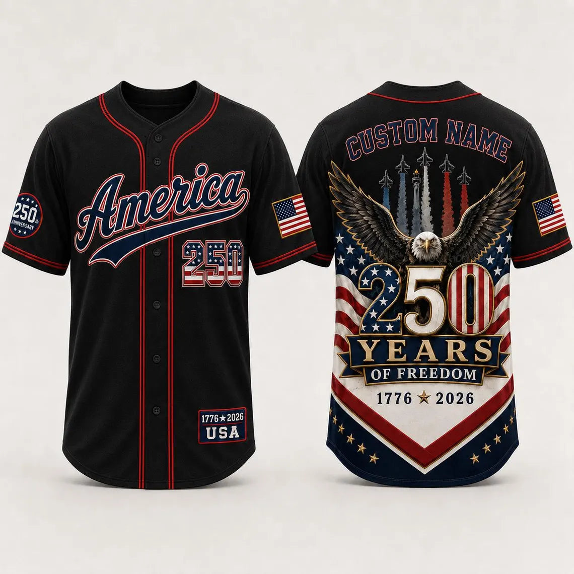 [FREESHIP] Personalized America 250 Years Baseball Jersey, Custom Name USA 250th Anniversary Jersey, 1776 2026 Freedom Shirt, Patriotic Eagle Jersey