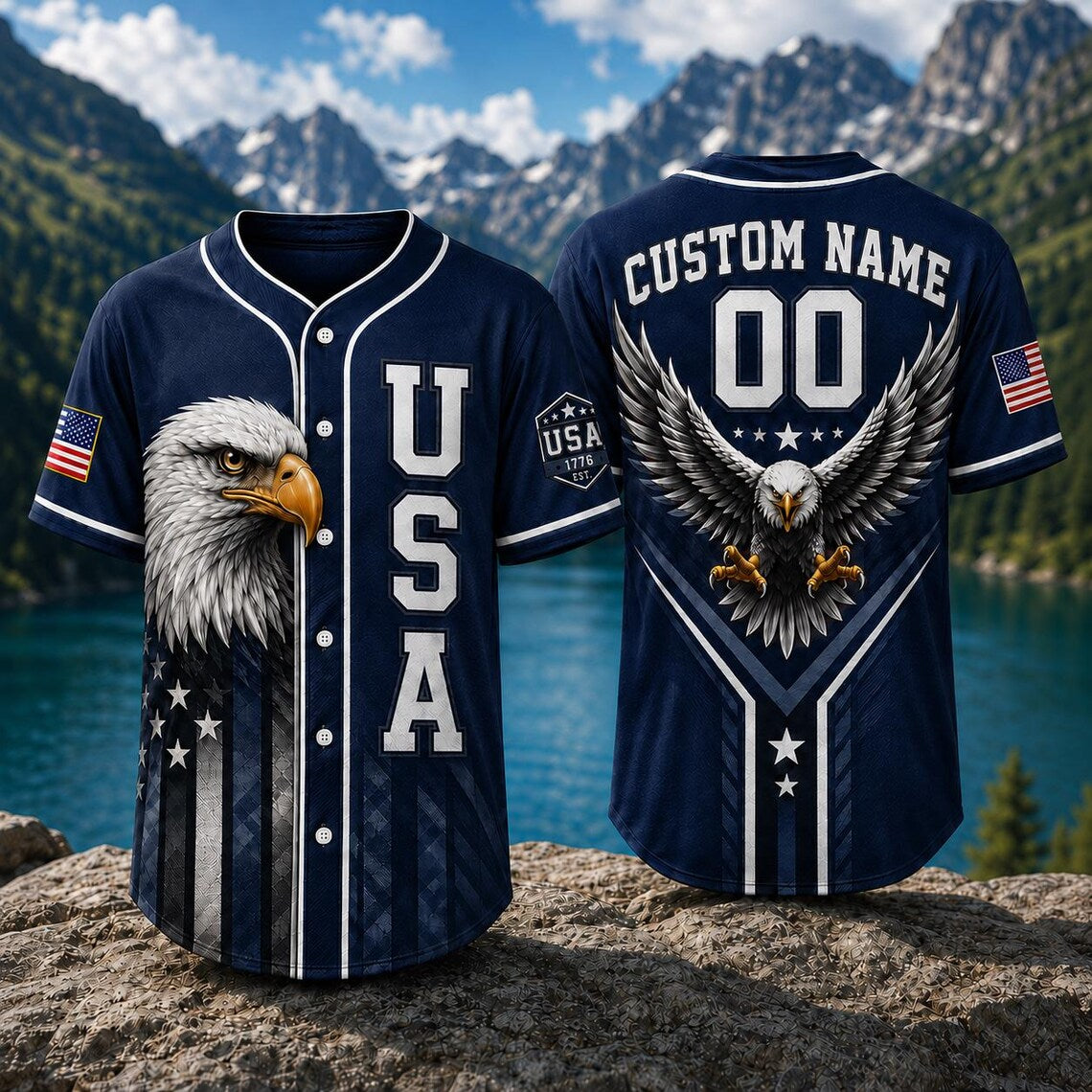 [FREESHIP] USA Eagle Baseball Jersey, Custom Name Patriotic Jersey, American Flag Shirt, Bald Eagle USA Jersey, Personalized 00 Freedom Gift