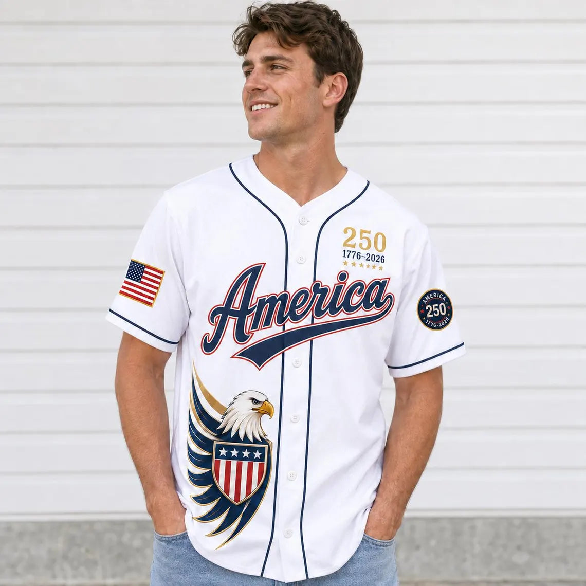 [FREESHIP] Custom USA Baseball Jersey, Semiquincentennial 1776 2026 Commemorative Shirt, Classic Blue Fourth of July Clothing, Patriot Mens Gift
