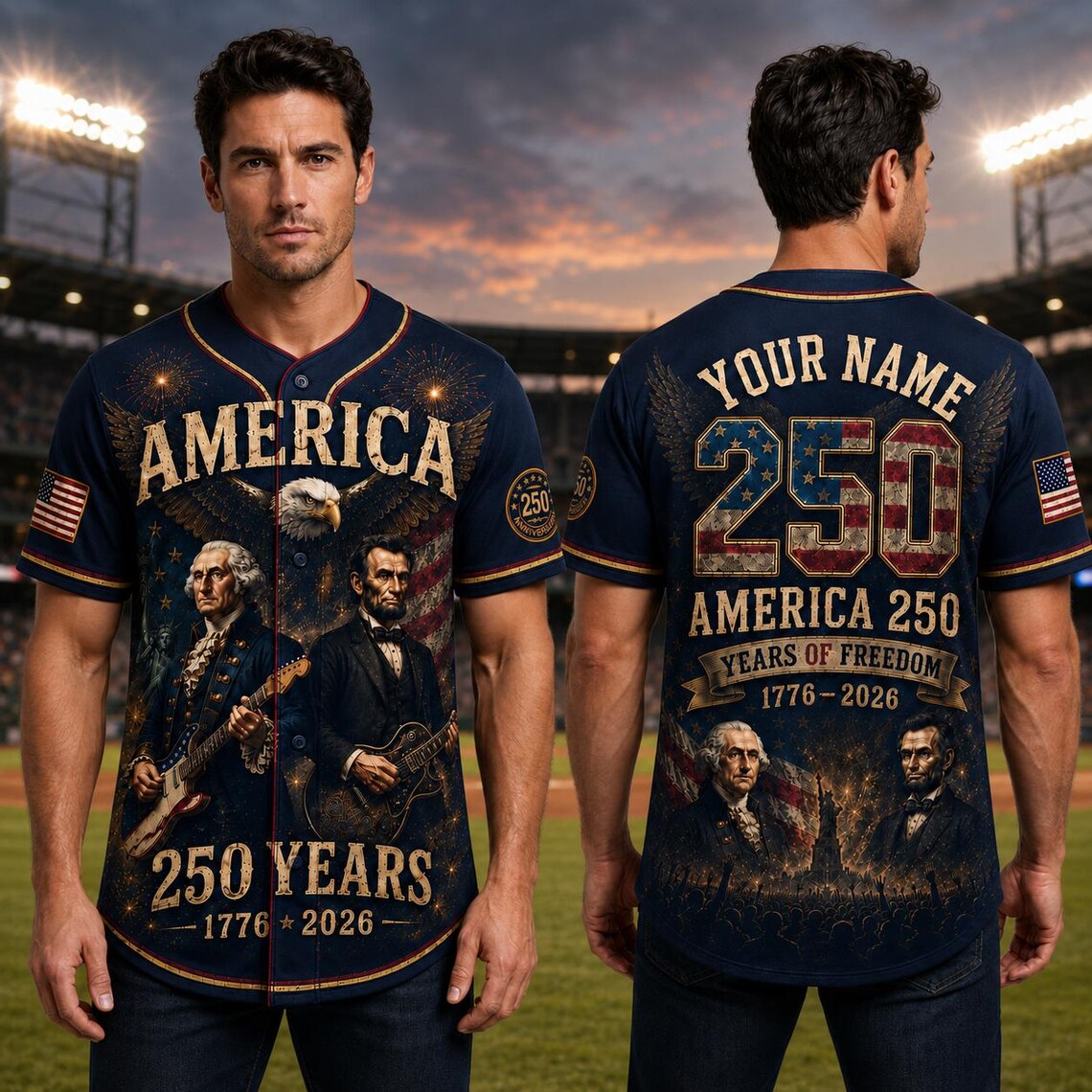 [FREESHIP] George Washington Lincoln Guitar Jersey, America 250th Baseball Jersey, Patriotic Custom Name Shirt, 1776 2026 USA Jersey