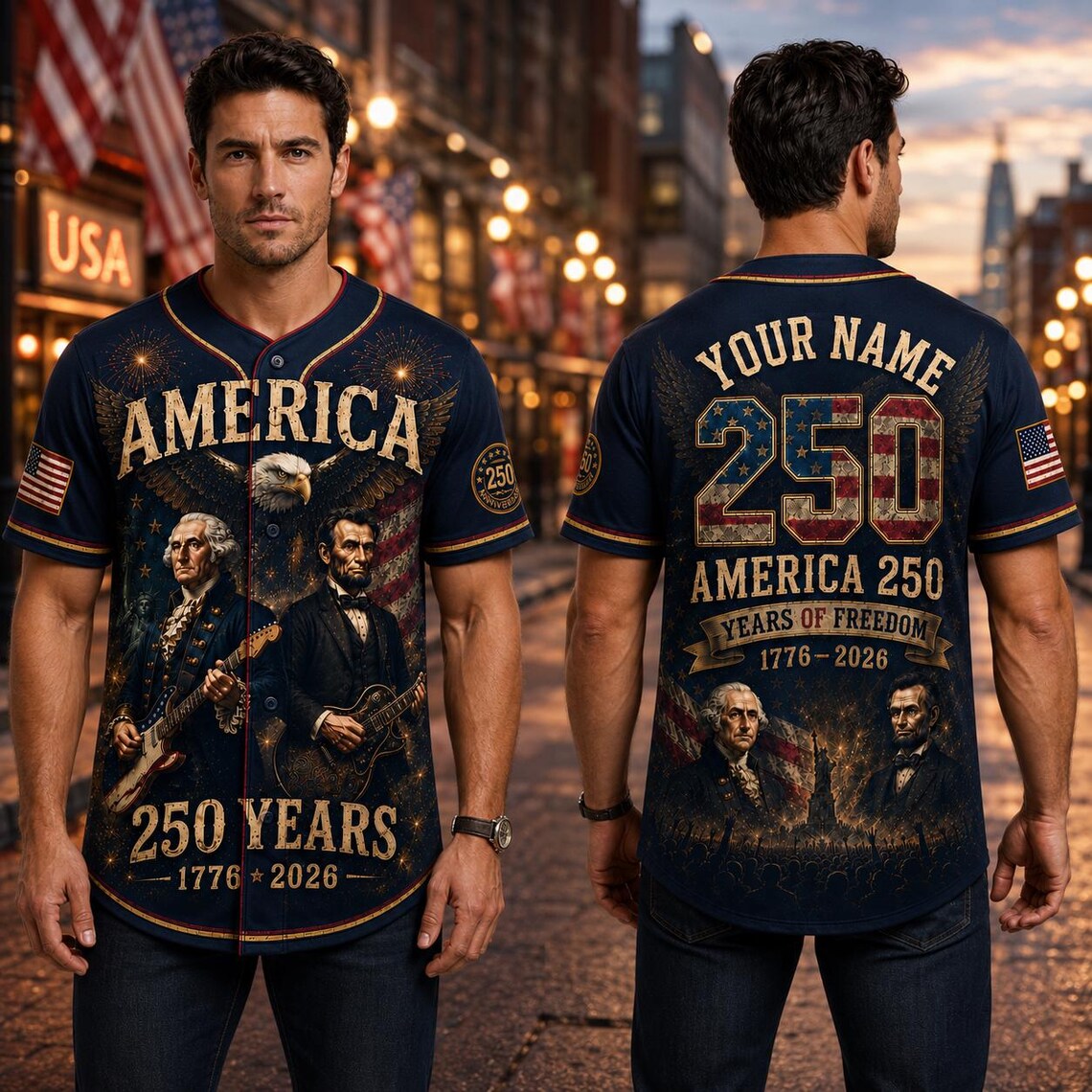 [FREESHIP] George Washington Lincoln Guitar Jersey, America 250th Baseball Jersey, Patriotic Custom Name Shirt, 1776 2026 USA Jersey