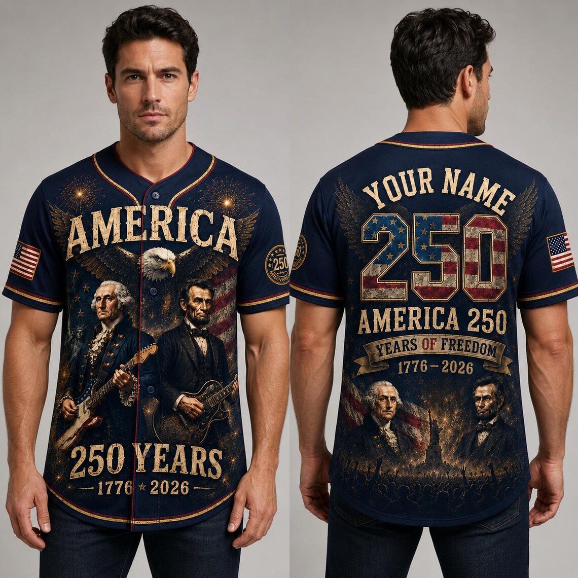 [FREESHIP] George Washington Lincoln Guitar Jersey, America 250th Baseball Jersey, Patriotic Custom Name Shirt, 1776 2026 USA Jersey
