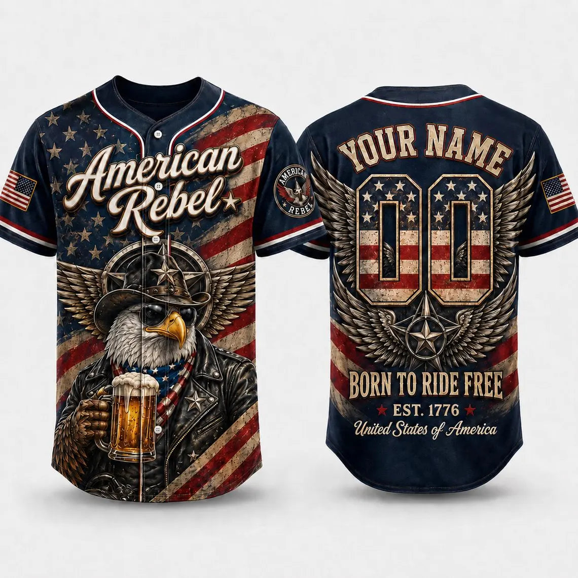 [FREESHIP] American Rebel Baseball Jersey, Custom Patriotic Eagle Jersey, USA Shirt, Born To Ride Free Biker Jersey, 4th Of July Gift For Men