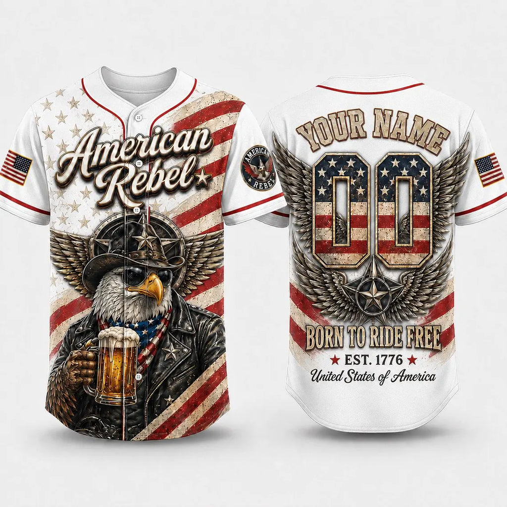 [FREESHIP] American Rebel Baseball Jersey, Custom Patriotic Eagle Jersey, USA Shirt, Born To Ride Free Biker Jersey, 4th Of July Gift For Men