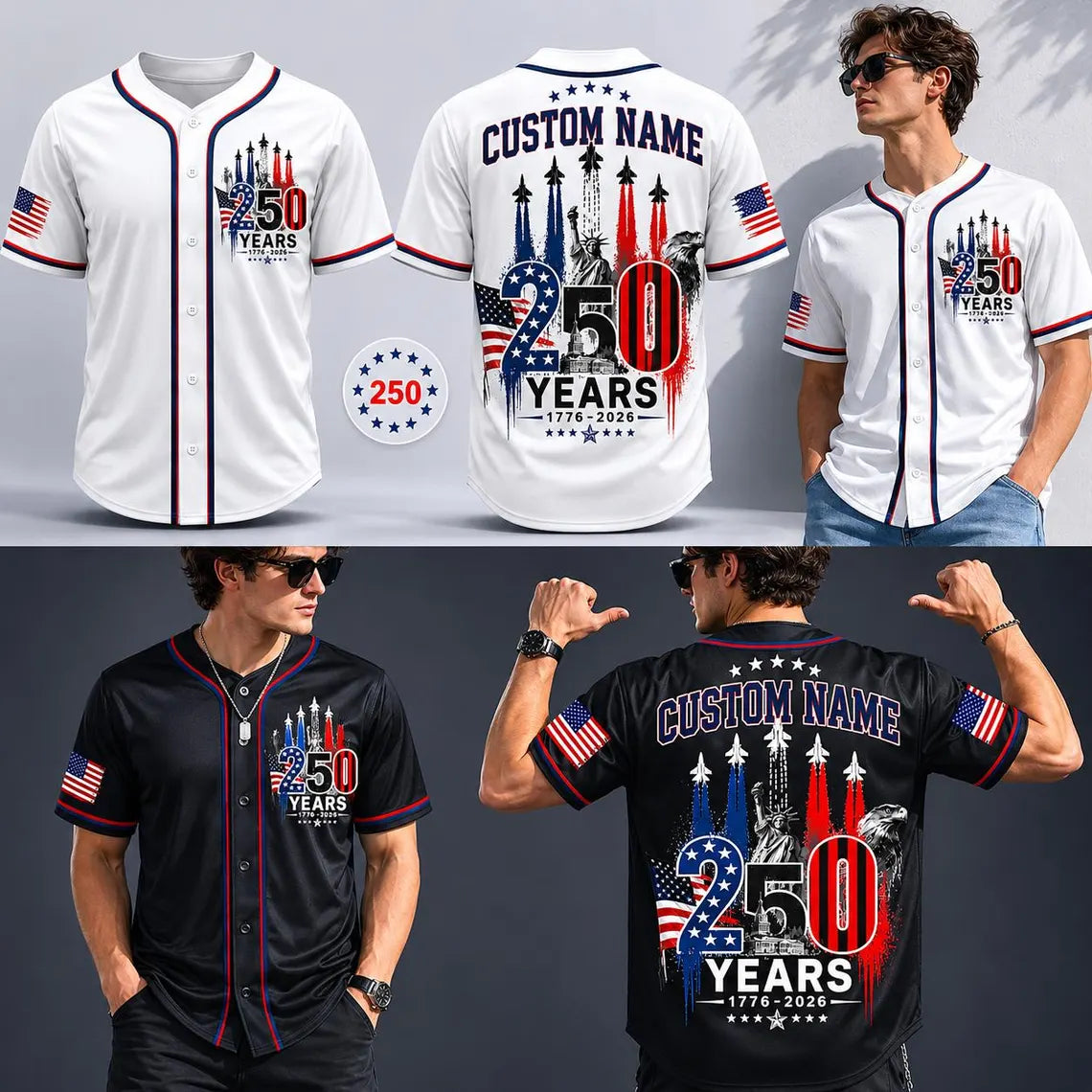 [FREESHIP] Custom USA 250th Anniversary Baseball Jersey, Personalized 1776-2026 America 250 Years Shirt, Patriotic 4th of July Jersey Gift
