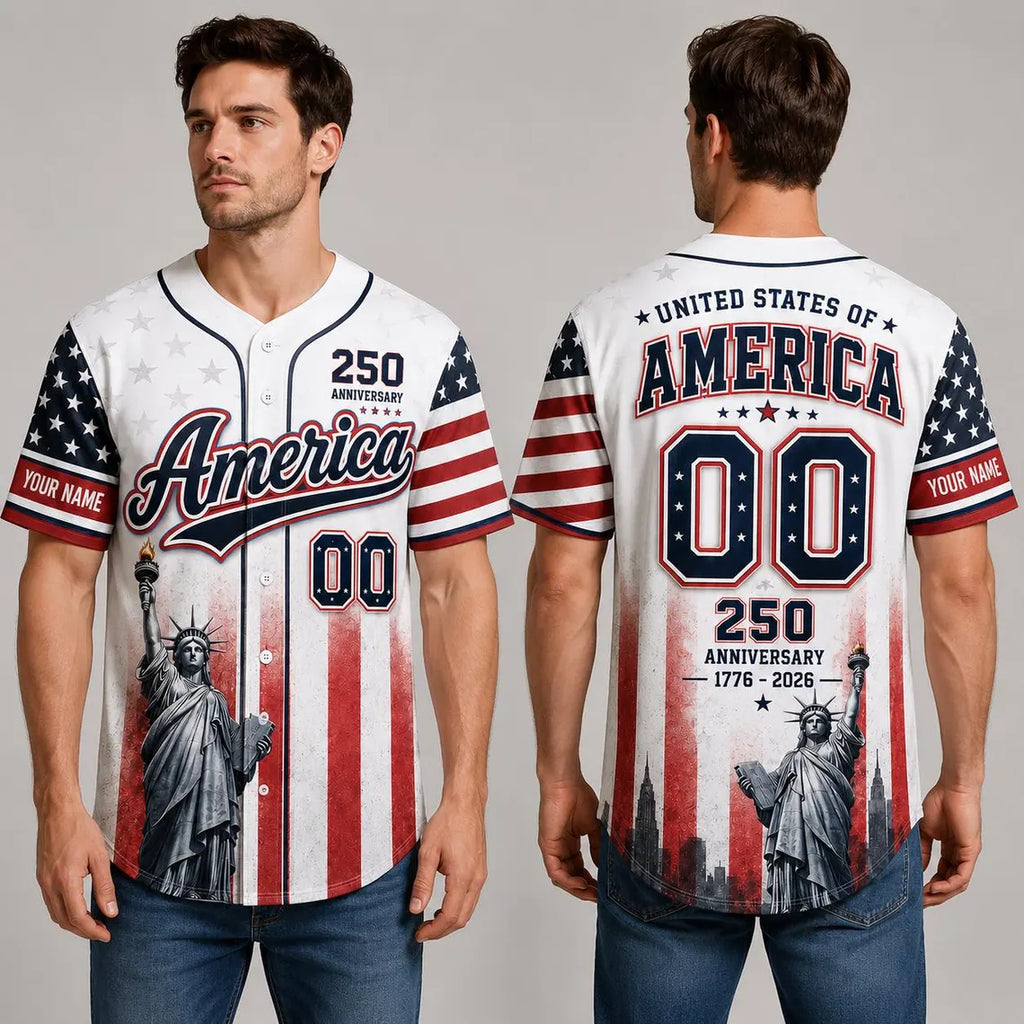 [FREESHIP] America 250 Baseball Jersey, Custom Name Patriotic Jersey, USA 1776 2026 Anniversary Shirt, Statue of Liberty American Flag Jersey Gift