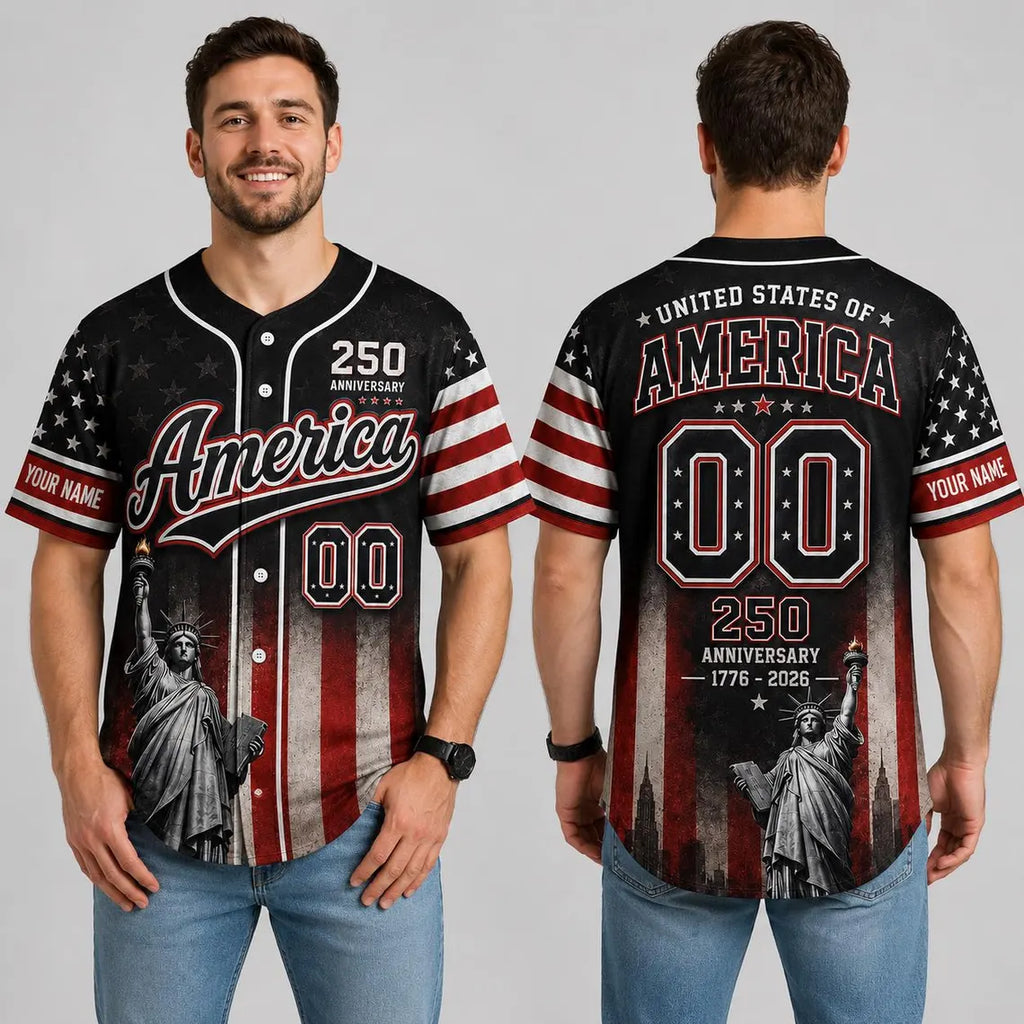 [FREESHIP] America 250 Baseball Jersey, Custom Name Patriotic Jersey, USA 1776 2026 Anniversary Shirt, Statue of Liberty American Flag Jersey Gift