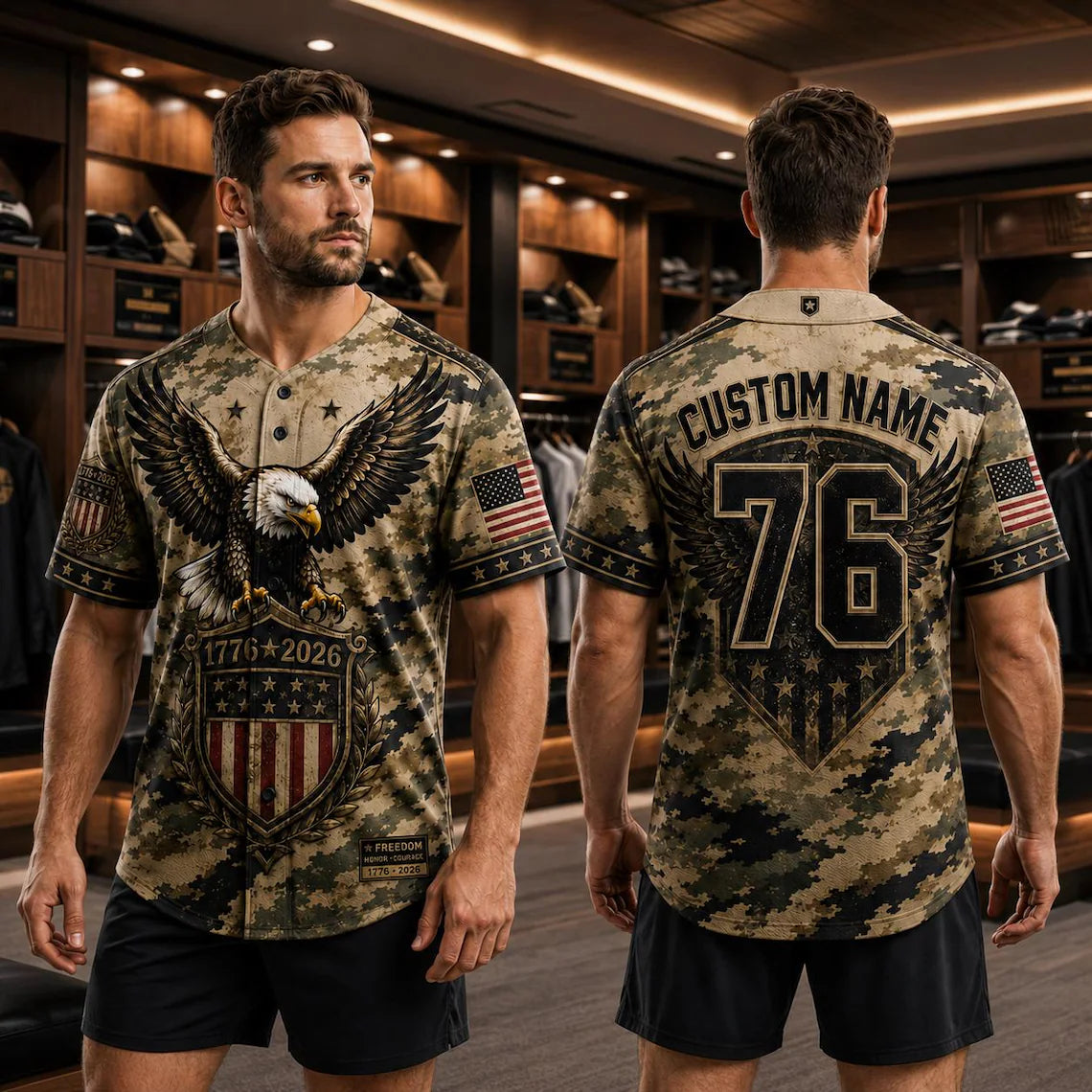 [FREESHIP] Custom Patriotic Baseball Jersey, Personalized Eagle American Flag Camo Jersey, USA 250th Anniversary Shirt, Military Style