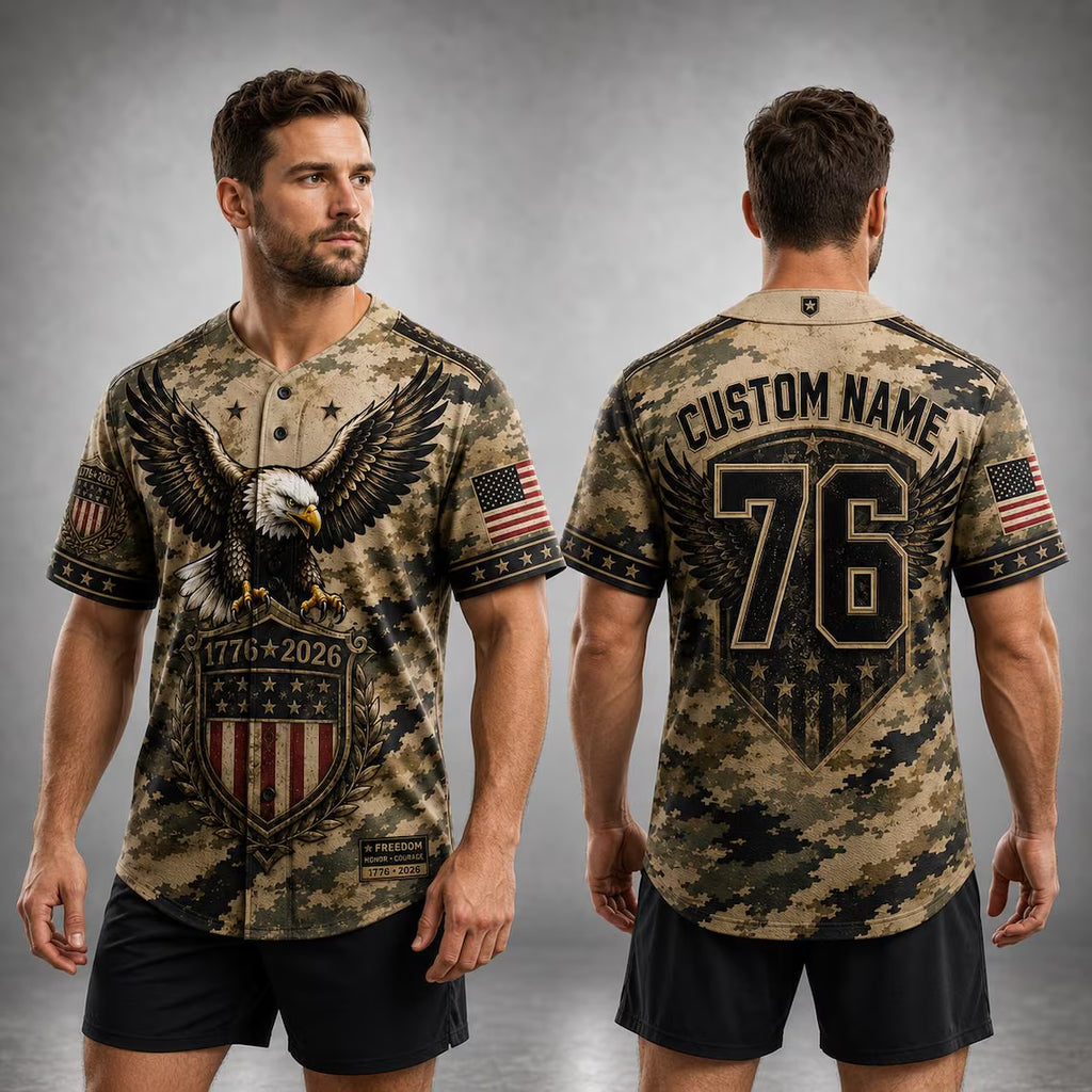 [FREESHIP] Custom Patriotic Baseball Jersey, Personalized Eagle American Flag Camo Jersey, USA 250th Anniversary Shirt, Military Style