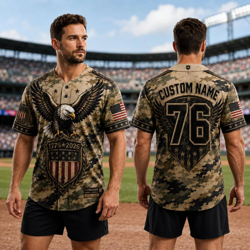 [FREESHIP] Custom Patriotic Baseball Jersey, Personalized Eagle American Flag Camo Jersey, USA 250th Anniversary Shirt, Military Style